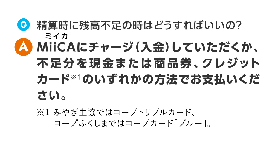 Q.精算時に残高不足の時はどうすればいいの？
A.MiiCAにチャージ（入金）していただくか、不足分を現金または商品券、クレジットカード※1のいずれかの方法でお支払いください。