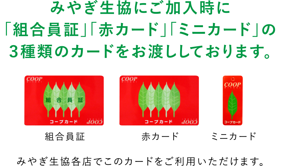 みやぎ生協にご加入時に「組合員証」「赤カード」「ミニカード」の３種類のカードをお渡ししております。
みやぎ生協各店でこのカードをご利用いただけます。