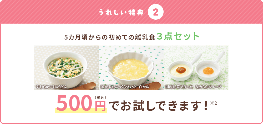 5ヶ月頃からの初めての離乳食３点セット 500円でお試しできます