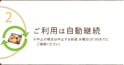 ご利用は自動継続。
※中止の場合は中止する前週 水曜日 19:00までにご連絡ください。