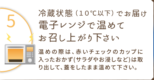 冷蔵状態（１０℃以下）でお届け。電子レンジで温めてお召し上がり下さい。
温めの際は、赤いチェックのカップに入ったおかず(サラダやお浸しなど)は取り出して、蓋をしたまま温めて下さい。