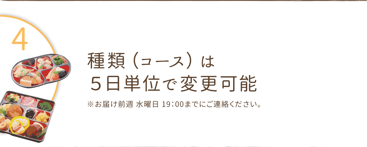 種類（コース）は５日単位で変更可能。
※お届け前週 水曜日 19:00までにご連絡ください。