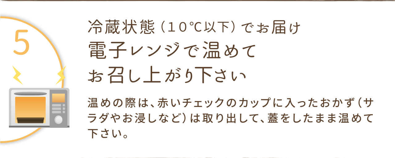 冷蔵状態（１０℃以下）でお届け。電子レンジで温めてお召し上がり下さい。
温めの際は、赤いチェックのカップに入ったおかず(サラダやお浸しなど)は取り出して、蓋をしたまま温めて下さい。