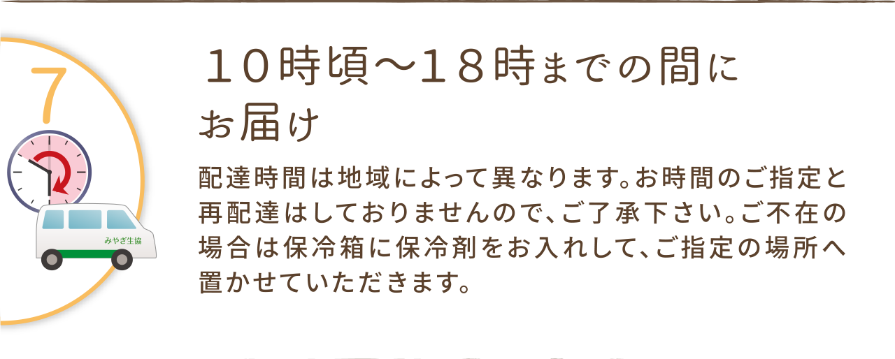 １０時頃～１８時までの間にお届け。
配達時間は地域によって異なります。お時間のご指定と再配達はしておりませんので、ご了承下さい。ご不在の場合は保冷箱に保冷剤をお入れして、ご指定の場所へ置かせていただきます。