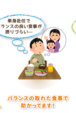 単身赴任でバランスの良い食事が摂りづらい…
→バランスの取れた食事で助かってます！