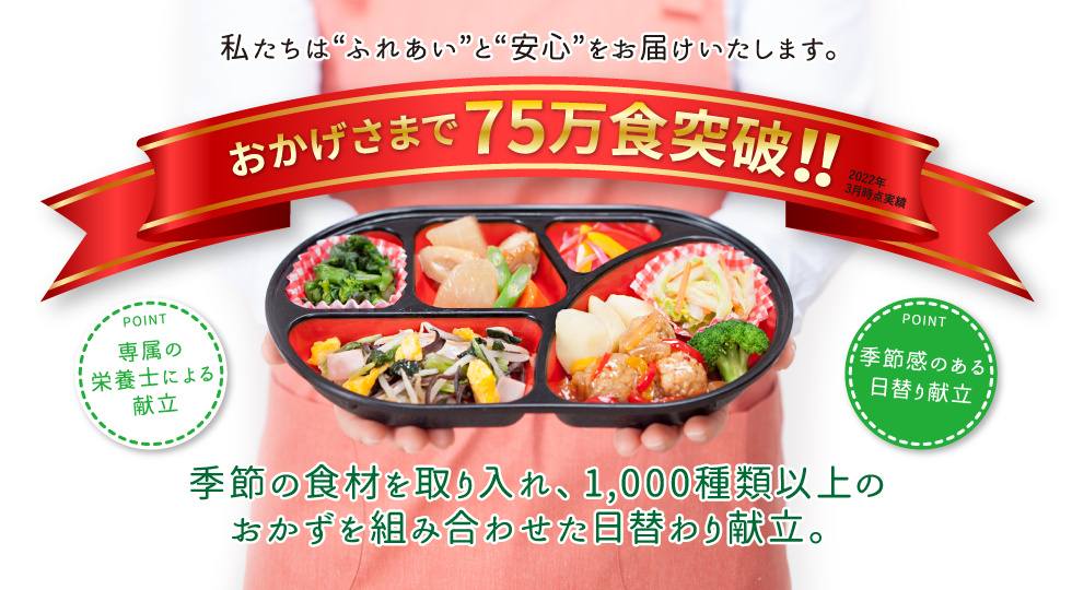 私たちは“ふれあい”と“安心”をお届けいたします。
おかげさまで75万食突破！！
季節の食材を取り入れ、1,000種類以上のおかずを組み合わせた日替わり献立。