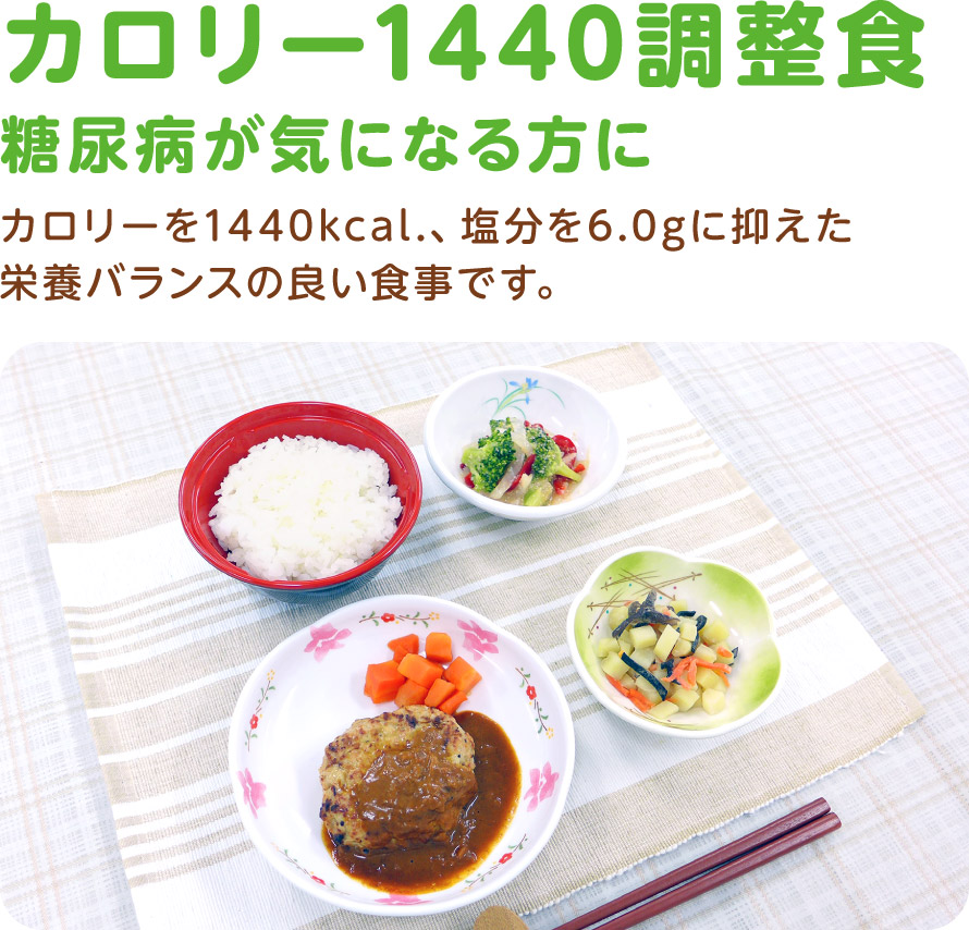 カロリー1440調整食
糖尿病が気になる方に
カロリーを1440kcal.、塩分を6.0gに抑えた栄養バランスの良い食事です。