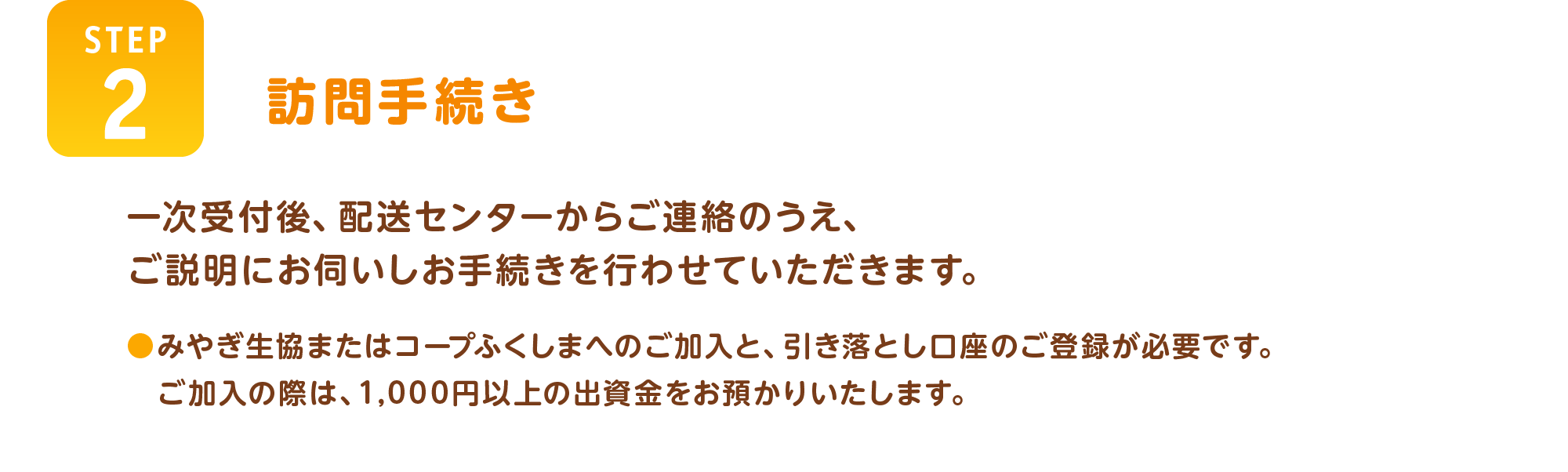 【STEP2】訪問手続き
一次受付後、配送センターからご連絡のうえ、ご説明にお伺いしお手続きを行わせていただきます。