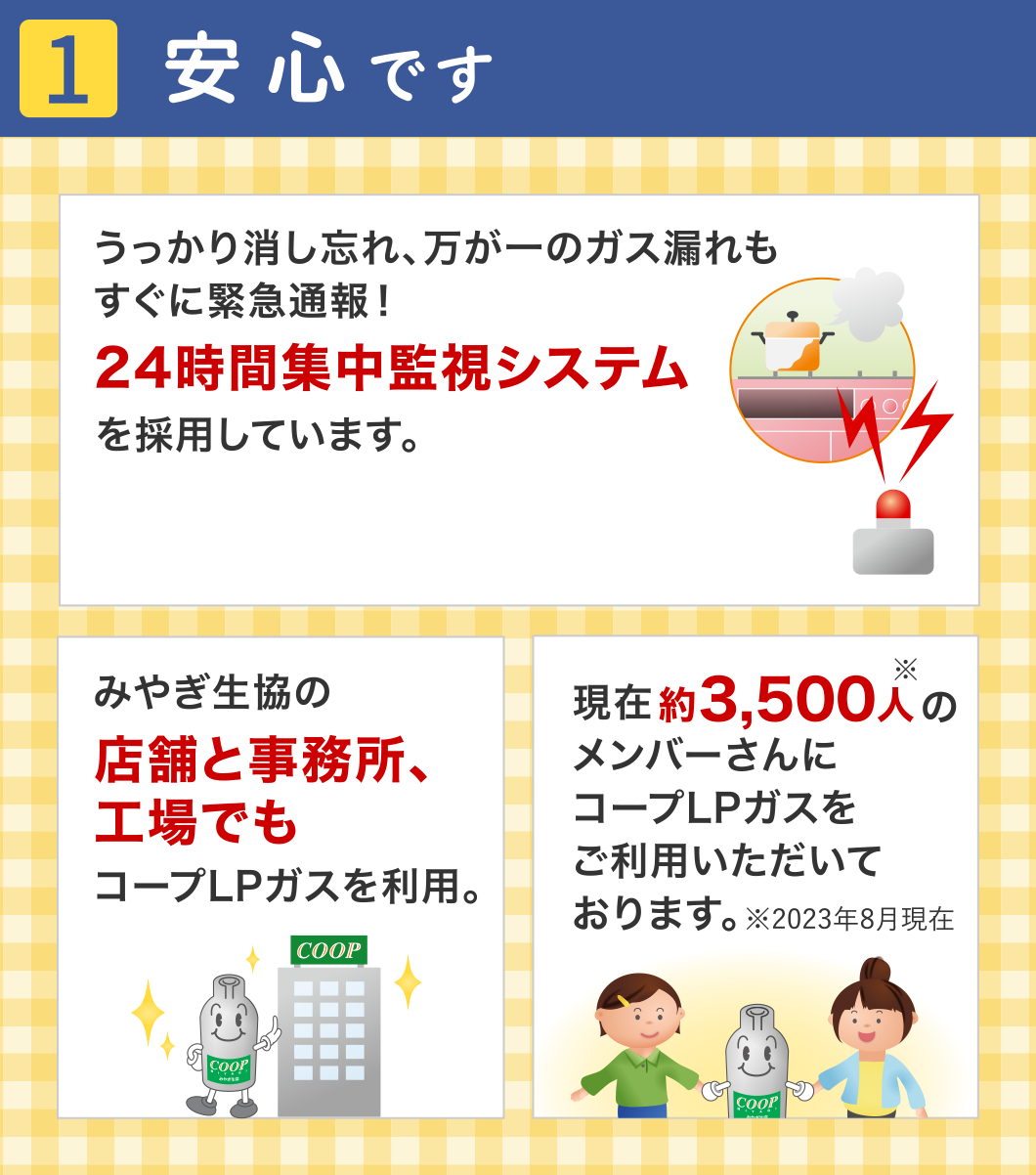 【1】安心です
うっかり消し忘れ、万が一のガス漏れもすぐに緊急通報！
24時間集中監視システムを採用しています。