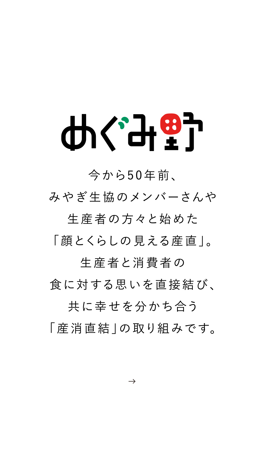 コープの産直「めぐみ野」
今から50年前、みやぎ生協のメンバーさんや生産者の方々と始めた「顔とくらしの見える産直」。生産者と消費者の食に対する思いを直接結び、共に幸せを分かち合う「産消直結」の取り組みです。